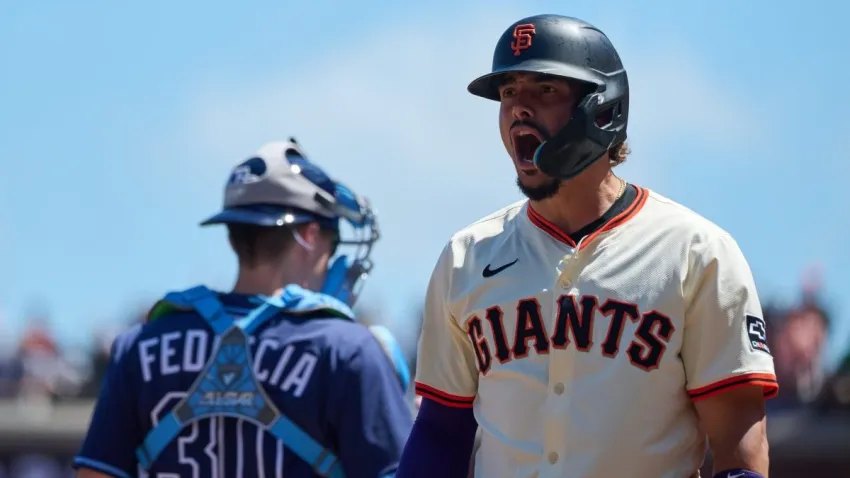 Aug 17, 2025; San Francisco, California, USA; San Francisco Giants shortstop Willy Adames (2) reacts after scoring a run against the Tampa Bay Rays during the sixth inning at Oracle Park. Mandatory Credit: Robert Edwards-Imagn Images