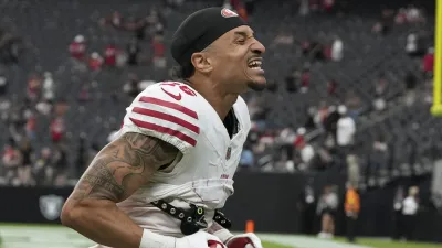 LAS VEGAS, NEVADA – AUGUST 16: Chase Lucas #26 of the San Francisco 49ers celebrates defeating the Las Vegas Raiders 22-19 during the NFL Preseason 2025 game at Allegiant Stadium on August 16, 2025 in Las Vegas, Nevada. (Photo by Candice Ward/Getty Images)