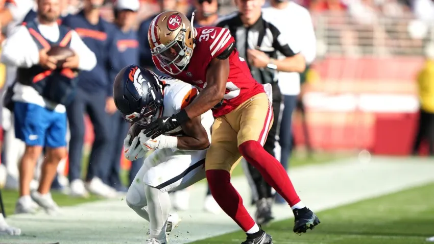 SANTA CLARA, CALIFORNIA – AUGUST 09: Marques Sigle #36 of the San Francisco 49ers tackles RJ Harvey #37 of the Denver Broncos in the first half during the NFL Preseason 2025 game at Levi’s Stadium on August 09, 2025 in Santa Clara, California. (Photo by Thearon W. Henderson/Getty Images)