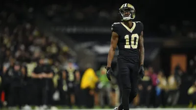 NEW ORLEANS, LA – DECEMBER 01: Marquez Valdes-Scantling #10 of the New Orleans Saints looks on from the field during an NFL football game against the Los Angeles Rams at Caesars Superdome on December 1, 2024 in New Orleans, Louisiana. (Photo by Cooper Neill/Getty Images)