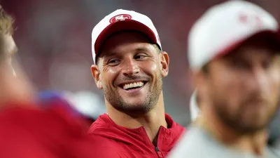 SANTA CLARA, CALIFORNIA – AUGUST 09: Nick Bosa #9 of the San Francisco 49ers looks on from the sidelines against the Denver Broncos in the second half during the NFL Preseason 2025 game at Levi’s Stadium on August 09, 2025 in Santa Clara, California. (Photo by Thearon W. Henderson/Getty Images)