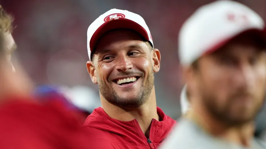 SANTA CLARA, CALIFORNIA – AUGUST 09: Nick Bosa #9 of the San Francisco 49ers looks on from the sidelines against the Denver Broncos in the second half during the NFL Preseason 2025 game at Levi’s Stadium on August 09, 2025 in Santa Clara, California. (Photo by Thearon W. Henderson/Getty Images)