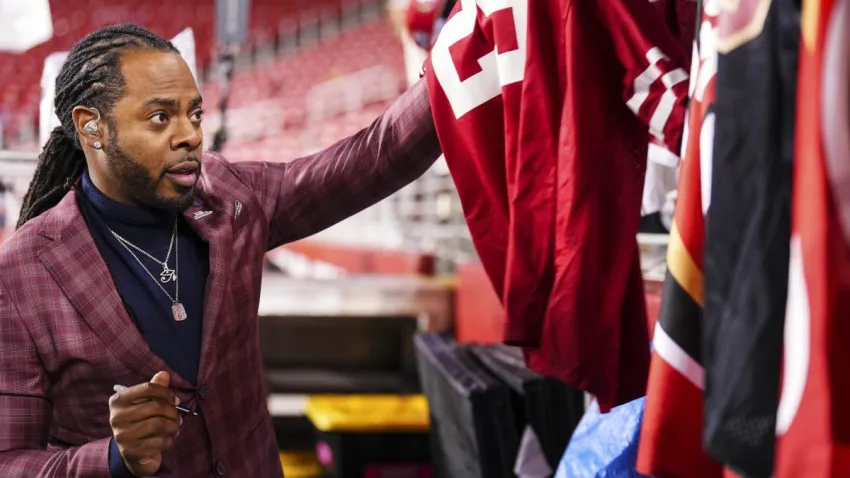 SANTA CLARA, CA – DECEMBER 12: Richard Sherman interacts with fans after an NFL football game between the Los Angeles Rams and the San Francisco 49ers at Levi’s Stadium on December 12, 2024 in Santa Clara, California. (Photo by Cooper Neill/Getty Images)