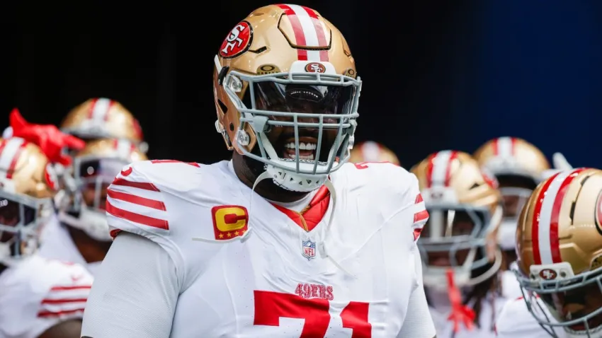Sep 7, 2025; Seattle, Washington, USA; San Francisco 49ers offensive tackle Trent Williams (71) dances before player introductions against the Seattle Seahawks at Lumen Field. Mandatory Credit: Joe Nicholson-Imagn Images