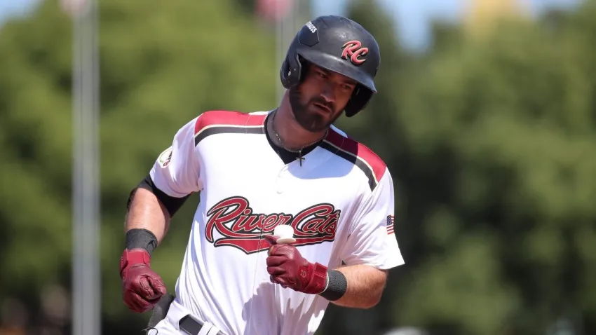 SACRAMENTO, CALIFORNIA – AUGUST 10: Bryce Eldridge #14 of the Sacramento River Cats jogs around the bases after hitting a three run home run during the bottom of the eighth inning against the Sugar Land Space Cowboys at Sutter Health Park on August 10, 2025 in Sacramento, California. (Photo by Scott Marshall/Getty Images)