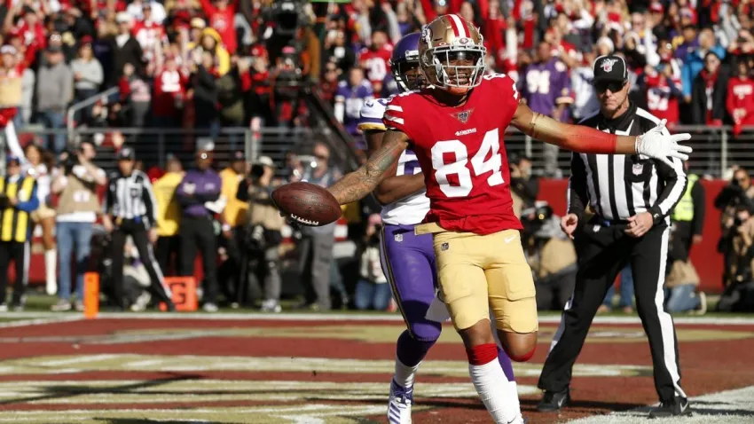 SANTA CLARA, CALIFORNIA – JANUARY 11: Kendrick Bourne #84 of the San Francisco 49ers celebrates a touchdown during the first quarter against the Minnesota Vikings during the NFC Divisional Round Playoff game at Levi’s Stadium on January 11, 2020 in Santa Clara, California. (Photo by Lachlan Cunningham/Getty Images)