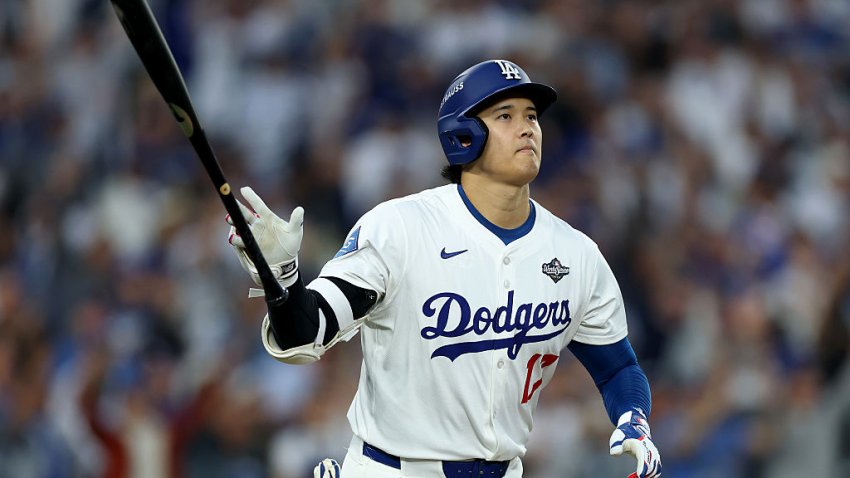 LOS ANGELES, CALIFORNIA – OCTOBER 27: Shohei Ohtani #17 of the Los Angeles Dodgers hits a home run against the Toronto Blue Jays during the third inning in game three of the 2025 World Series at Dodger Stadium on October 27, 2025 in Los Angeles, California. (Photo by Patrick Smith/Getty Images)