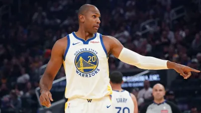 Oct 5, 2025; San Francisco, California, USA;  Golden State Warriors center-forward Al Horford (20) directs teammates against the Los Angeles Lakers in the first quarter at Chase Center. Mandatory Credit: David Gonzales-Imagn Images