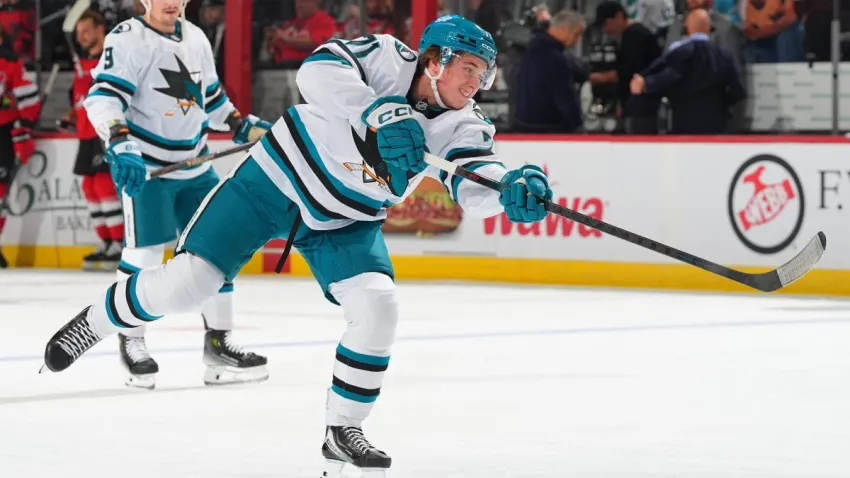 NEWARK, NJ – OCTOBER 24: Macklin Celebrini #71 of the San Jose Sharks skates during warm ups prior to the game against the New Jersey Devils on October 24, 2025 at the Prudential Center in Newark, New Jersey.  (Photo by Rich Graessle/NHLI via Getty Images)