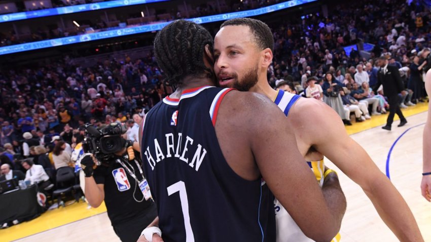SAN FRANCISCO, CA – APRIL 13: James Harden #1 of the LA Clippers and Stephen Curry #30 of the Golden State Warriors embrace after the game on April 13, 2025 at Chase Center in San Francisco, California. NOTE TO USER: User expressly acknowledges and agrees that, by downloading and or using this photograph, user is consenting to the terms and conditions of Getty Images License Agreement. Mandatory Copyright Notice: Copyright 2025 NBAE (Photo by Noah Graham/NBAE via Getty Images)