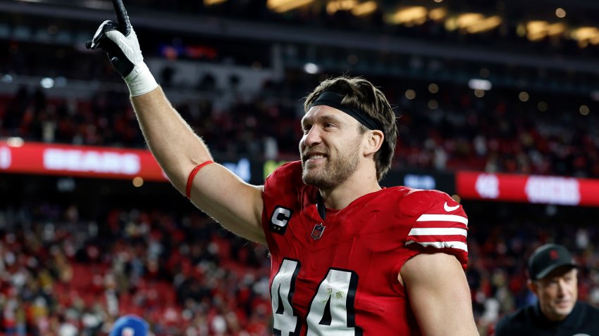 Dec 28, 2025; Santa Clara, California, USA;  San Francisco 49ers fullback Kyle Juszczyk (44) celebrates after the game against the Chicago Bears at Levi’s Stadium. Mandatory Credit: Sergio Estrada-Imagn Images