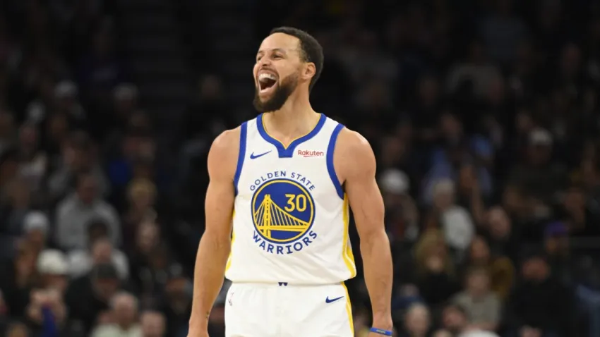 SALT LAKE CITY, UT – JANUARY 28: Stephen Curry #30 of the Golden State Warriors celebrates during the game against the Utah Jazz on January 28, 2026 at Delta Center in Salt Lake City, Utah. NOTE TO USER: User expressly acknowledges and agrees that, by downloading and or using this Photograph, User is consenting to the terms and conditions of the Getty Images License Agreement. Mandatory Copyright Notice: Copyright 2026 NBAE (Photo by Melissa Majchrzak/NBAE via Getty Images)