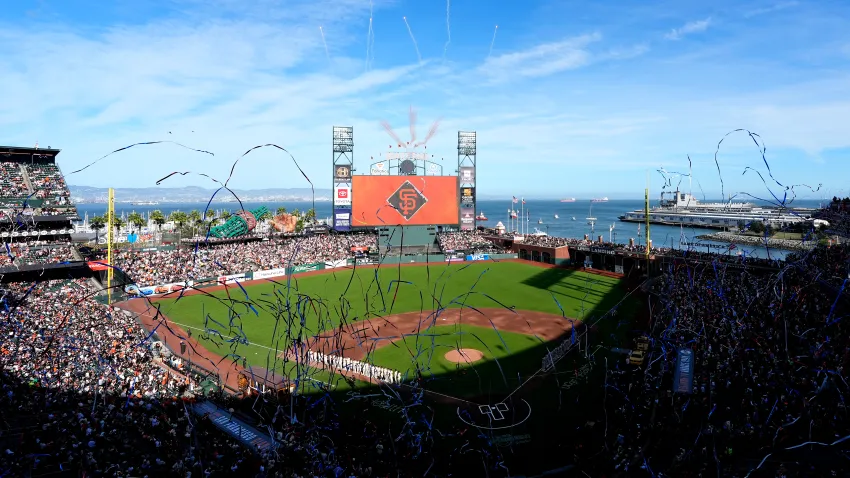 SAN FRANCISCO, CALIFORNIA – MARCH 25: A general view of a flag on the field as confetti and fireworks shoot off before the game between the San Francisco Giants and the New York Yankees on Opening Day at Oracle Park on March 25, 2026 in San Francisco, California. (Photo by Thearon W. Henderson/Getty Images)