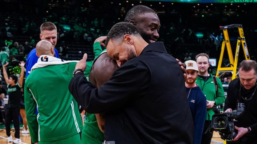Mar 18, 2026; Boston, Massachusetts, USA; Boston Celtics guard Jaylen Brown (7) talks with Golden State Warriors guard Stephen Curry (30) after the game at TD Garden. Mandatory Credit: David Butler II-Imagn Images