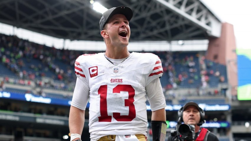SEATTLE, WASHINGTON – SEPTEMBER 07: Brock Purdy #13 of the San Francisco 49ers celebrates after defeating the Seattle Seahawks during the game at Lumen Field on September 07, 2025 in Seattle, Washington. (Photo by Steph Chambers/Getty Images)