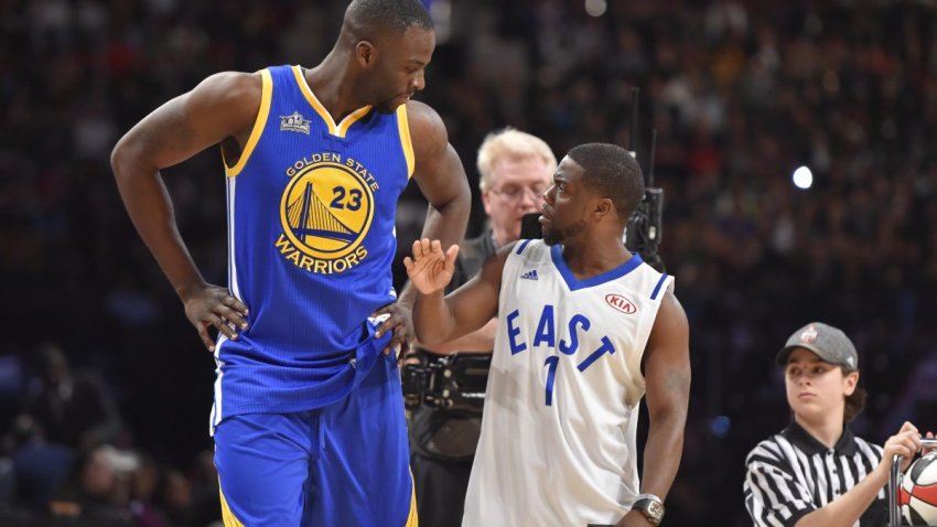 Feb 13, 2016; Toronto, Ontario, Canada; Golden State Warriors forward Draymond Green and comedian Kevin Hart react as they participate in a three-point contest during the NBA All Star Saturday Night at Air Canada Centre. Mandatory Credit: Bob Donnan-USA TODAY Sports