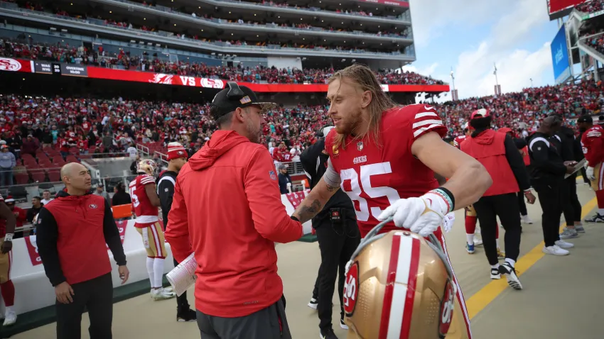 SANTA CLARA, CA – DECEMBER 4: Head Coach Kyle Shanahan and George Kittle #85 of the San Francisco 49ers on on the sideline before during the game against the Miami Dolphins at Levi’s Stadium on December 4, 2022 in Santa Clara, California. The 49ers defeated the Dolphins 33-17. (Photo by Michael Zagaris/San Francisco 49ers/Getty Images)