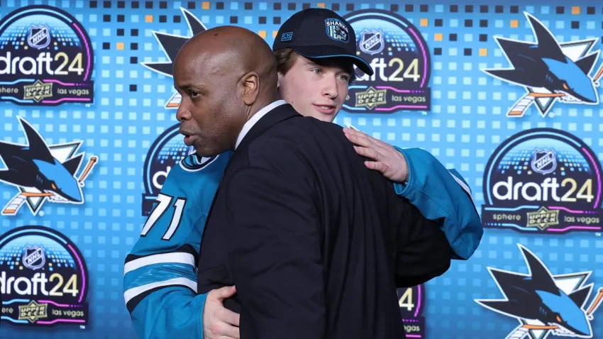 LAS VEGAS, NEVADA – JUNE 28: San Jose Sharks general manager Mike Grier (L) hugs Macklin Celebrini after he was selected by the Sharks with the first overall pick of the first round of the 2024 Upper Deck NHL Draft at Sphere on June 28, 2024 in Las Vegas, Nevada. (Photo by Ethan Miller/Getty Images)