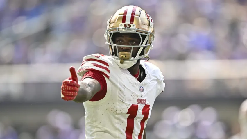 MINNEAPOLIS, MINNESOTA – SEPTEMBER 15: Brandon Aiyuk #11 of the San Francisco 49ers gestures during the game against the Minnesota Vikings at U.S. Bank Stadium on September 15, 2024 in Minneapolis, Minnesota. The Vikings beat the 49ers 23-17. (Photo by Alika Jenner/Getty Images)