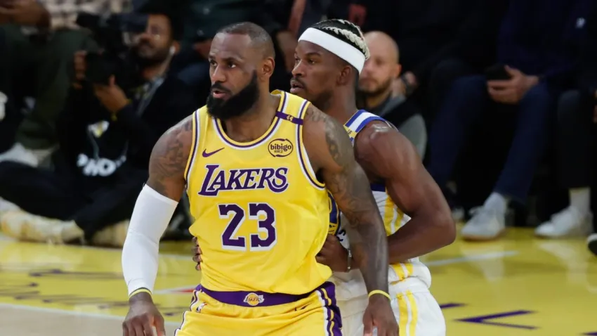 LOS ANGELES, CA – APRIL 3: Los Angeles Lakers forward LeBron James (23) guarded by Golden State Warriors forward Jimmy Butler III (10) during the Golden State Warriors vs Los Angeles Lakers on April 03, 2025, at Crypto.com Arena in Los Angeles, CA. (Photo by Jevone Moore/Icon Sportswire via Getty Images)