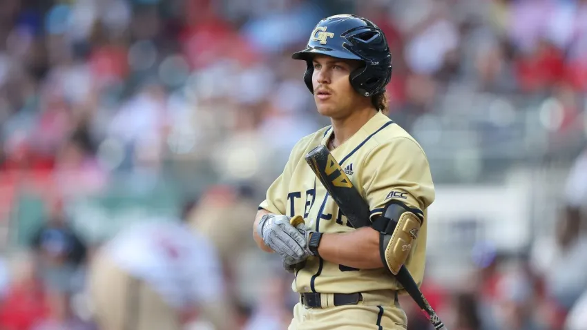 ATLANTA, GA – APRIL 15: Outfielder Drew Burress #8 of the Georgia Tech Yellow Jackets bats during the Spring Classic college baseball game between the Georgia Bulldogs and the Georgia Tech Yellow Jackets on April 15, 2025 at Truist Park in Atlanta, GA.  (Photo by David J. Griffin/Icon Sportswire via Getty Images)