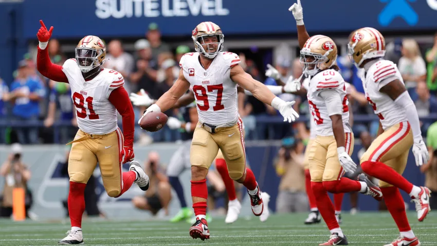 SEATTLE, WA – SEPTEMBER 7: Nick Bosa #97 of the San Francisco 49ers celebrates after recovering a fumble during the game against the Seattle Seahawks at Lumen Field on September 7, 2025 in Seattle, Washington. The 49ers defeated the Seahawks 17-13. (Photo by Michael Zagaris/San Francisco 49ers/Getty Images)