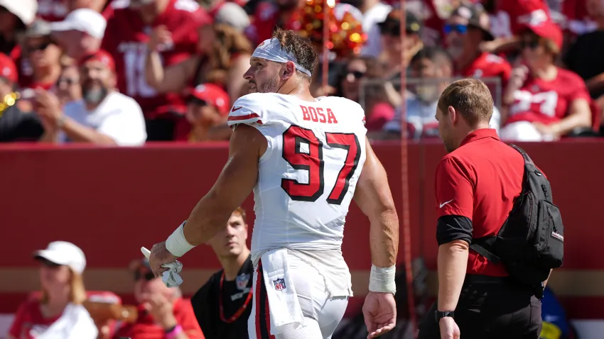 SANTA CLARA, CALIFORNIA – SEPTEMBER 21: Nick Bosa #97 of the San Francisco 49ers walks to the locker room during the second quarter against the Arizona Cardinals at Levi’s Stadium on September 21, 2025 in Santa Clara, California. (Photo by Kavin Mistry/Getty Images)