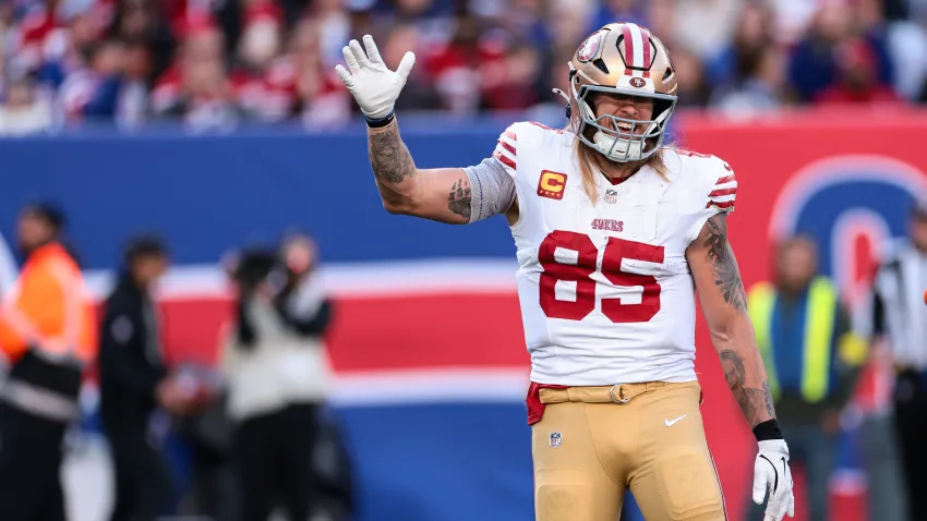 EAST RUTHERFORD, NEW JERSEY – NOVEMBER 2: George Kittle #85 of the San Francisco 49ers dances with fans during the game against the New York Giants at MetLife Stadium on November 2, 2025 in East Rutherford, New Jersey. (Photo by Kathryn Riley/Getty Images)