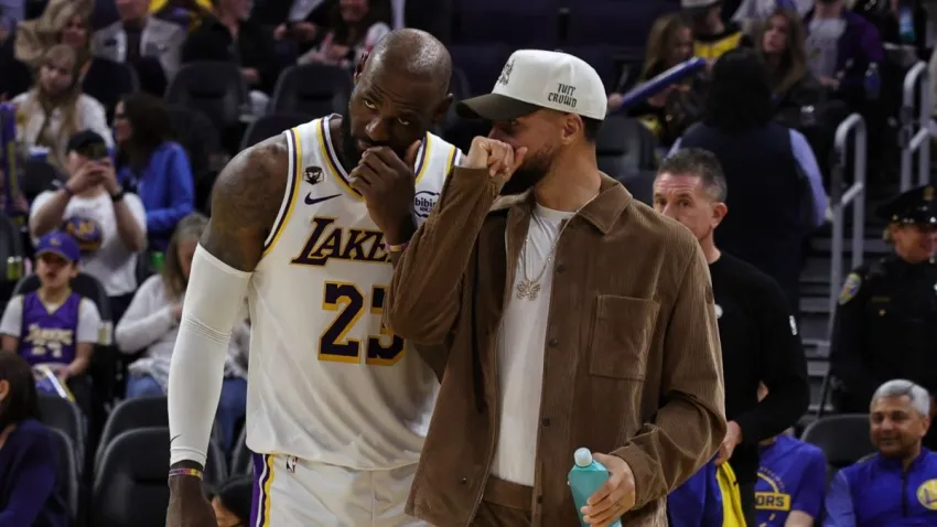 SAN FRANCISCO, CA – FEBRUARY 28: LeBron James #23 of the Los Angeles Lakers and Stephen Curry #30 of the Golden State Warriors talks during the game on February 28, 2026 at Chase Center in San Francisco, California. NOTE TO USER: User expressly acknowledges and agrees that, by downloading and or using this photograph, user is consenting to the terms and conditions of Getty Images License Agreement. Mandatory Copyright Notice: Copyright 2026 NBAE (Photo by Jim Poorten/NBAE via Getty Images)