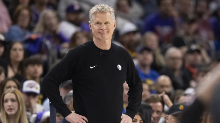 Golden State Warriors head coach Steve Kerr is seen during the second half of his NBA play-in tournament game against the Phoenix Suns at Mortgage Matchup Center in Phoenix, Ariz., Friday, April 17, 2026. The Suns defeated the Warriors 111-96. (Photo by Stephen Lam/San Francisco Chronicle via Getty Images)