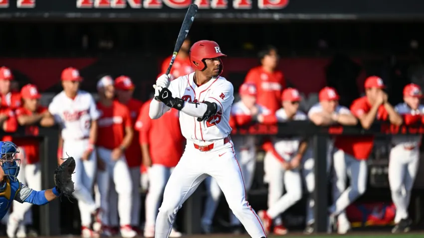 PISCATAWAY, NEW JERSEY – APRIL 10, 2026: Peyton Bonds #25 of the Rutgers Scarlet Knights bats during the first inning against the UCLA Bruins at Bainton Field on April 10, 2026 in Piscataway, New Jersey. (Photo by Chris Bernacchi/Diamond Images via Getty Images)
