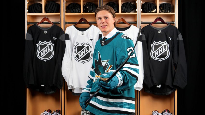 BUFFALO, NEW YORK – JUNE 26: Ivar Stenberg, second overall pick of the San Jose Sharks, poses for a portrait during the 2026 NHL Draft on June 26, 2026 in Buffalo, New York. (Photo by Andre Ringuette/NHLI via Getty Images)