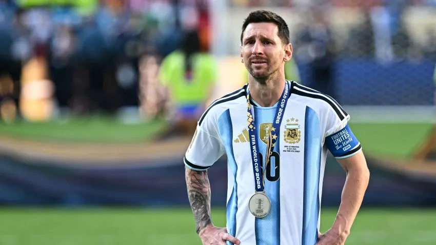 Argentina's forward #10 Lionel Messi cries during the trophy ceremony.