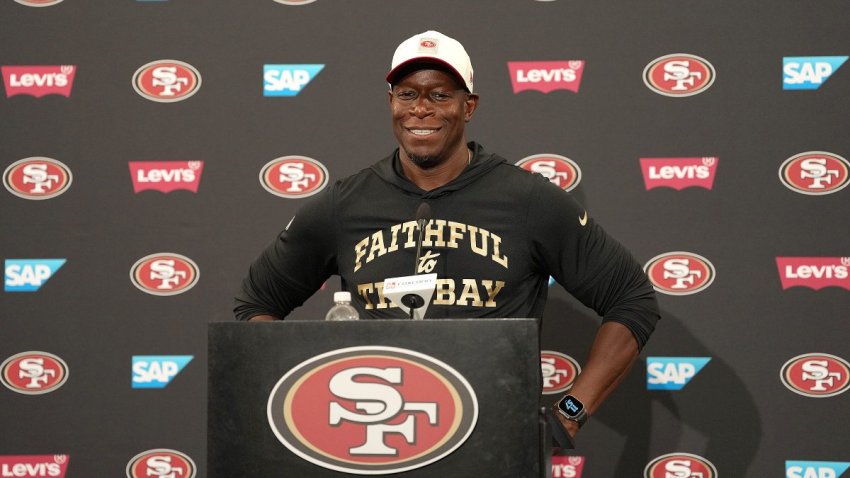SANTA CLARA, CALIFORNIA – JULY 27: Raheem Morris defensive coordinator of the San Francisco 49ers talks with the media following a training camp practice at SAP Performance Facility on July 27, 2026 in Santa Clara, California. (Photo by Thearon W. Henderson/Getty Images)