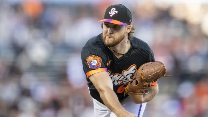 Jul 28, 2026; San Francisco, California, USA;  San Francisco Giants starting pitcher Landen Roupp (65) throws against the Milwaukee Brewers during the first inning at Oracle Park. Mandatory Credit: John Hefti-Imagn Images