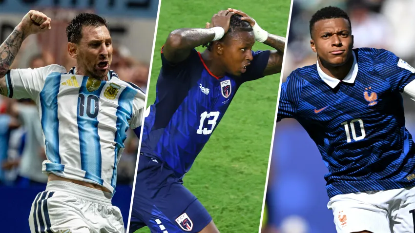 Split image of Messi, Cabral and Mbappe.