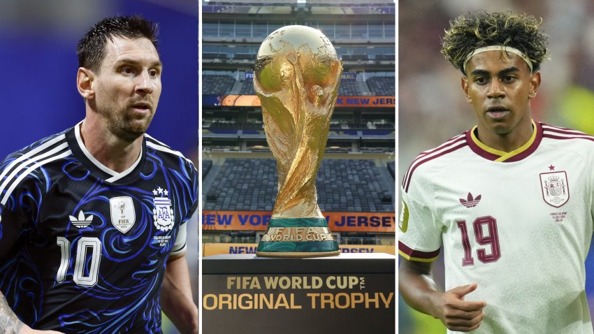 Split image of Messi, the World Cup trophy and Yamal.