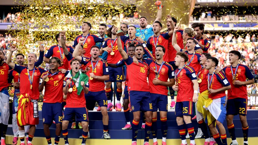 Spain celebrates winning the 2026 FIFA World Cup.