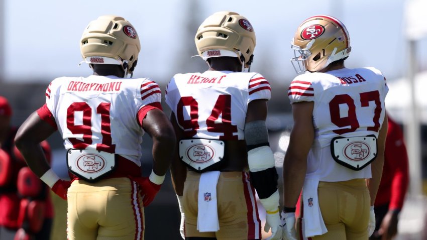 Aug 3, 2026; San Francisco, CA, USA; San Francisco 49ers defensive tackle Sam Okuayinonu (91) and defensive end Romello Height (94) and defensive end Nick Bosa (97) during training camp at Levi’s Stadium. Mandatory Credit: Sergio Estrada-Imagn Images