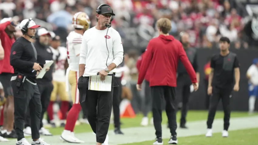 LAS VEGAS, NEVADA – AUGUST 16: Head coach
Kyle Shanahan of the San Francisco 49ers looks on against the Las Vegas Raiders in the fourth quarter during the NFL Preseason 2025 game at Allegiant Stadium on August 16, 2025 in Las Vegas, Nevada. The 49ers defeated the Raiders 22-19. (Photo by Candice Ward/Getty Images)