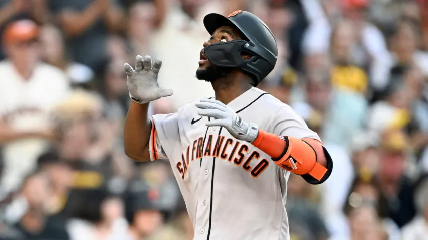 Aug 1, 2026; San Diego, California, USA; San Francisco Giants shortstop Osleivis Basabe (39) reacts after hitting a two run home run during the third inning against the San Diego Padres at Petco Park. Mandatory Credit: Denis Poroy-Imagn Images