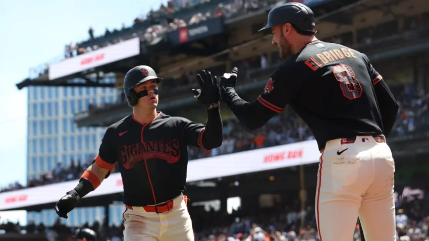 SAN FRANCISCO, CALIFORNIA – AUGUST 15: (L-R) Drew Gilbert #0 of the San Francisco Giants celebrates with Bryce Eldridge #8 after hitting a solo home run in the bottom of the third inning against the Colorado Rockies at Oracle Park on August 15, 2026 in San Francisco, California. (Photo by Lachlan Cunningham/Getty Images)