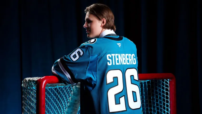BUFFALO, NEW YORK – JUNE 26: Ivar Stenberg, second overall pick of the San Jose Sharks, poses for a portrait during the 2026 NHL Draft on June 26, 2026 in Buffalo, New York. (Photo by Brian Babineau/NHLI via Getty Images)