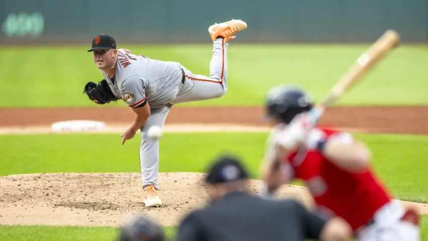 CLEVELAND, OHIO – AUGUST 19: Matt Wilkinson #71 of the San Francisco Giants pitches during the second inning in his Major League debut against the Cleveland Guardians at Progressive Field on August 19, 2026 in Cleveland, Ohio. (Photo by Russell Lee Verlinger/Cleveland Guardians/Getty Images)