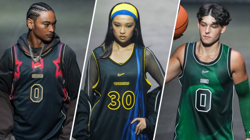 Split image of the Sixers, Warriors and Celtics jerseys