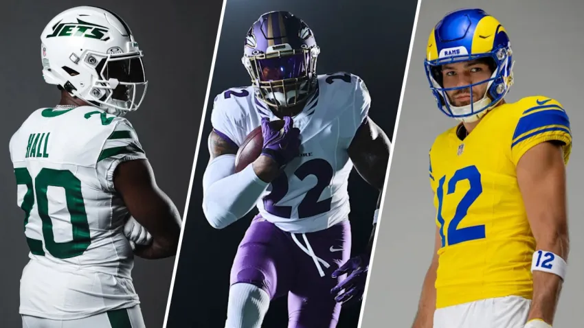 Split image of Jets, Ravens and Rams uniforms