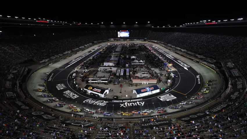 A general view of racing during the NASCAR Cup Series Bass Pro Shops Night Race