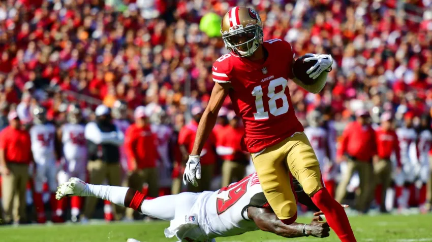 TAMPA, FLORIDA – NOVEMBER 25: Dante Pettis #18 of the San Francisco 49ers catches a 13-yard pass for a touchdown in the second quarter against the Tampa Bay Buccaneers at Raymond James Stadium on November 25, 2018 in Tampa, Florida. (Photo by Julio Aguilar/Getty Images)