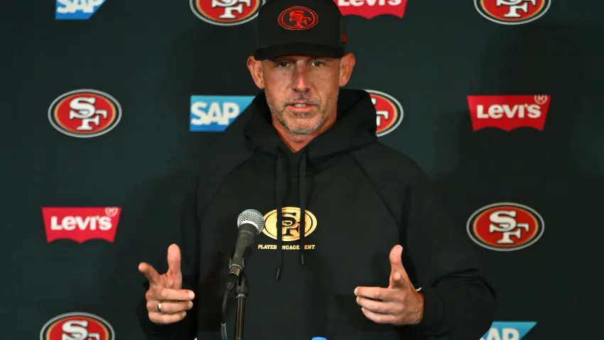 MELBOURNE, AUSTRALIA – SEPTEMBER 07: San Francisco 49ers Head Coach Kyle Shanahan talks to the media during a San Fransisco 49ers NFL media availability at AAMI Park on September 07, 2026 in Melbourne, Australia. (Photo by Quinn Rooney/Getty Images)