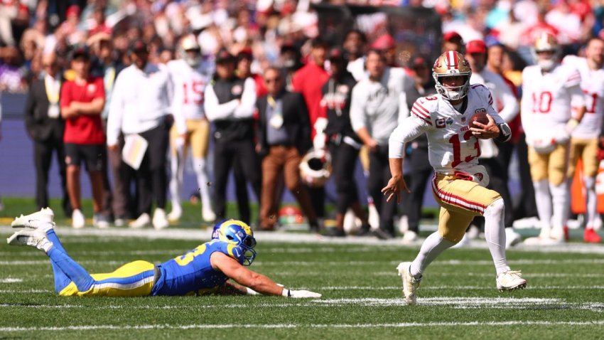MELBOURNE, AUSTRALIA – SEPTEMBER 11: Brock Purdy #13 of the San Francisco 49ers runs the ball in the third quarter of the NFL football game against Los Angeles Rams at the Melbourne Cricket Ground on September 11, 2026 in Melbourne, Australia. (Photo by Robert Cianflone/Getty Images)